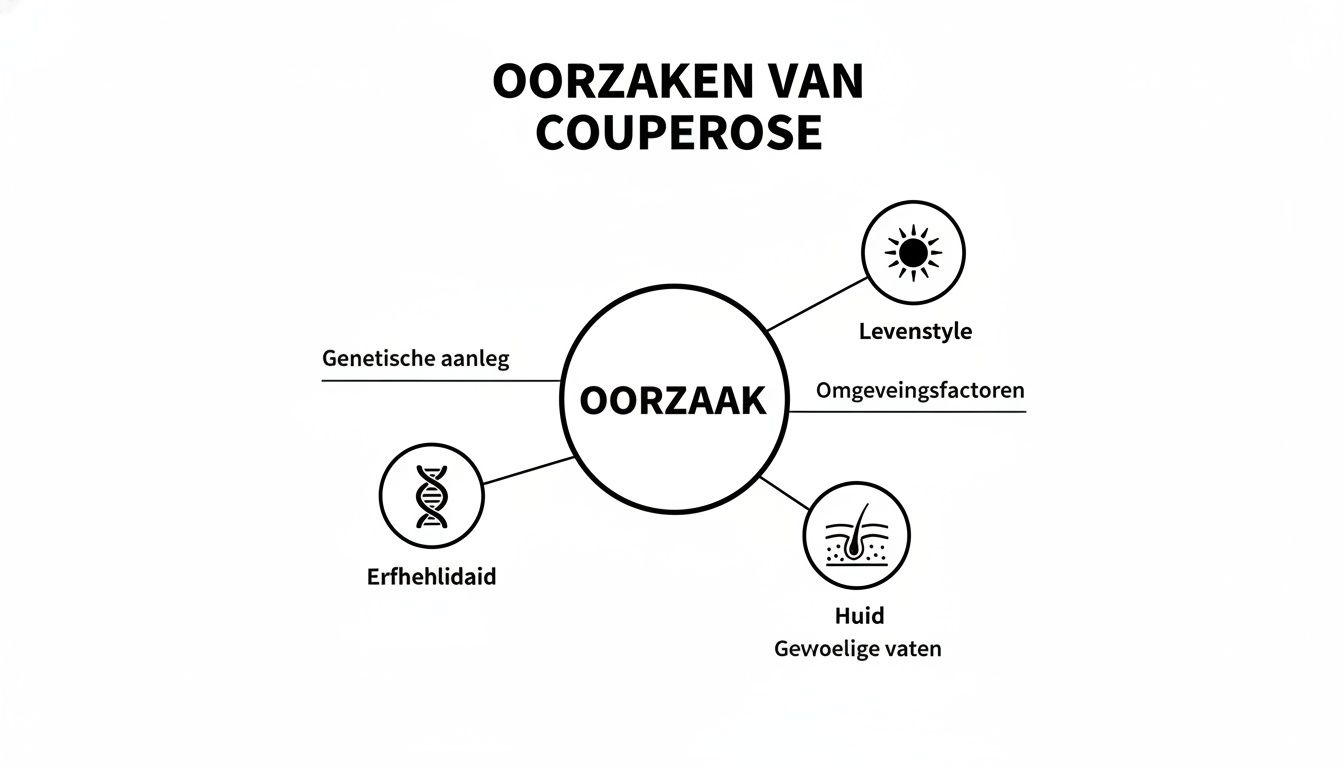 Diagram dat de oorzaken van couperose toont: genetische aanleg, levensstijl, omgevingsfactoren en gevoelige vaten.