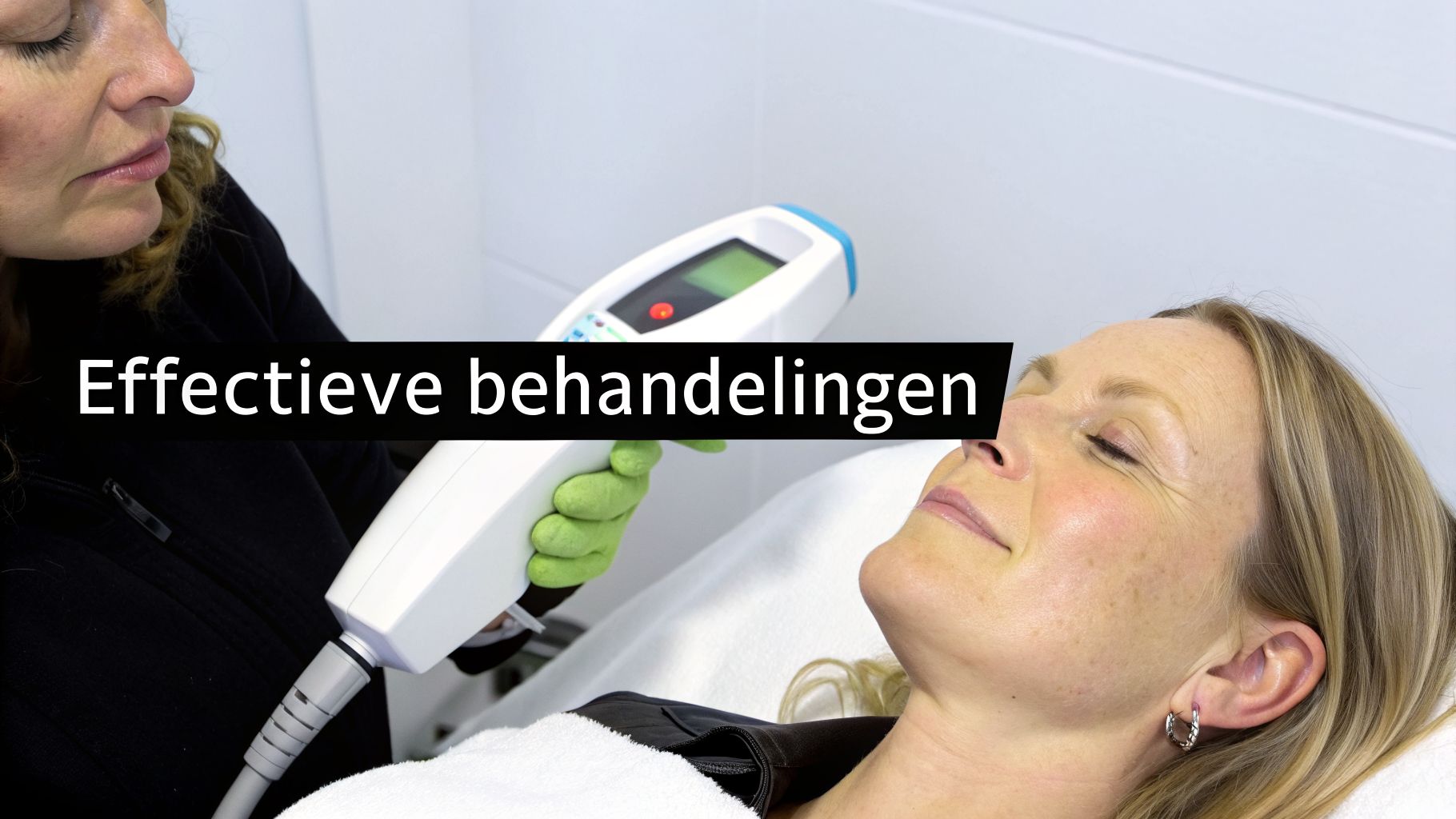 Vrouw ontvangt een effectieve huidbehandeling met een medisch apparaat, uitgevoerd door een professional.
