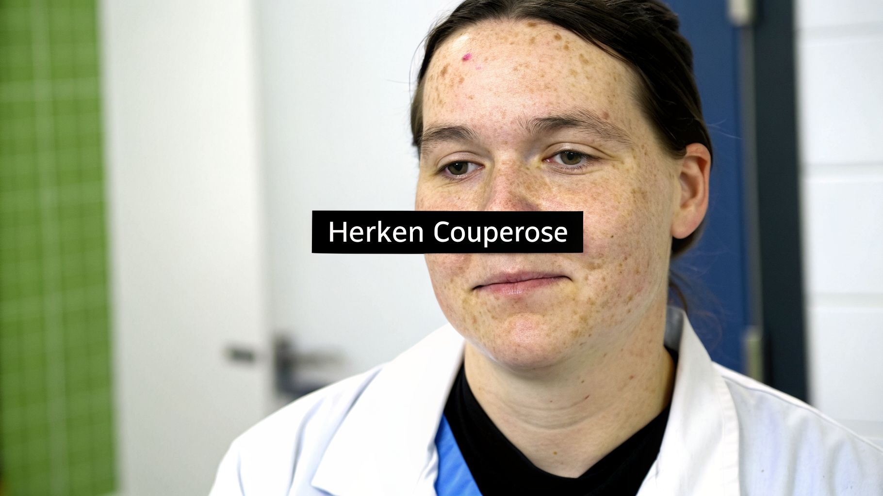 Een close-up van een persoon met sproeten en een witte laboratoriumjas, met de tekst 'Herken Couperose' over het gezicht.