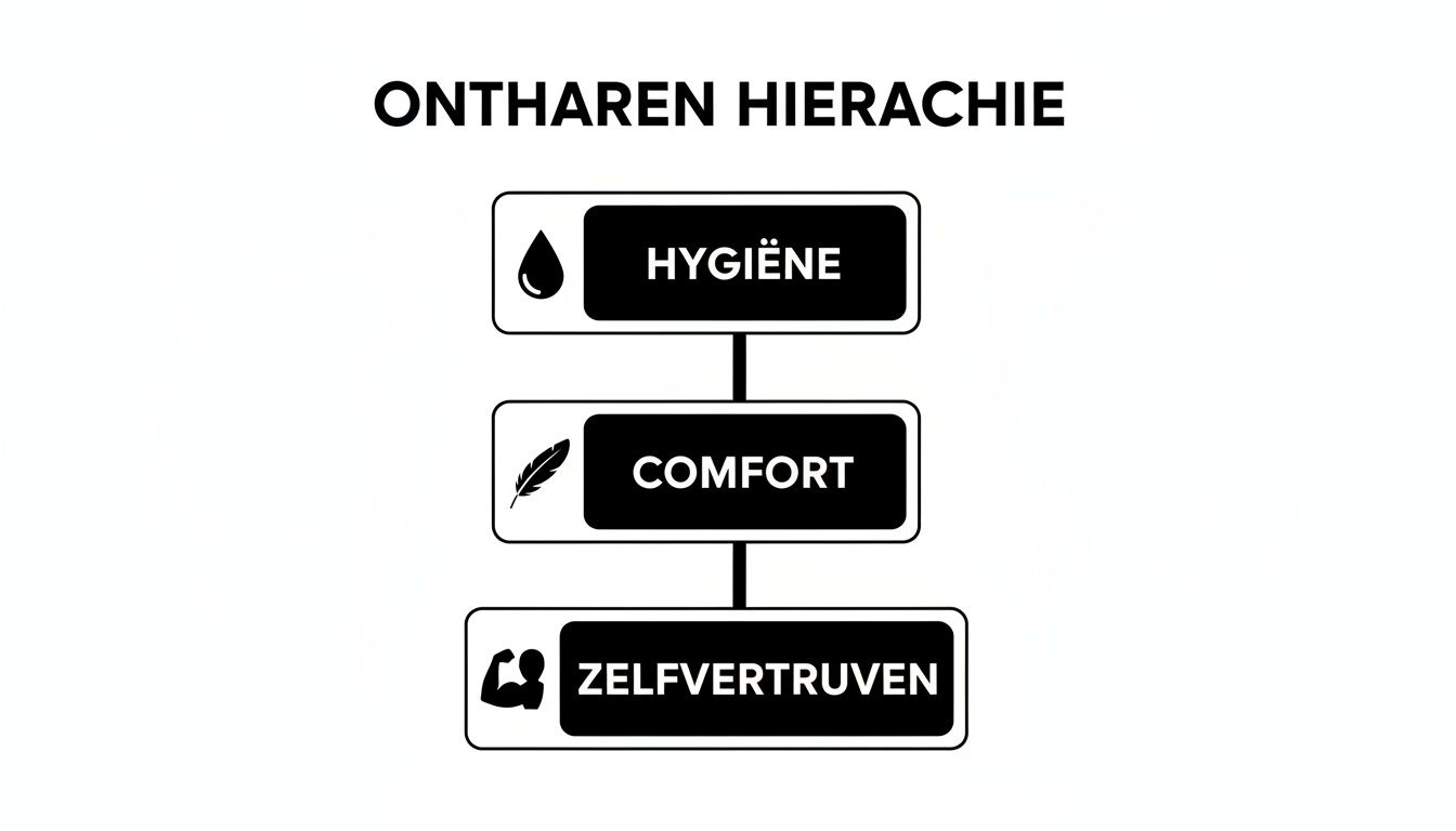 Ontharen hiërarchie: hygiëne, comfort en zelfvertrouwen uitgelegd in een duidelijk diagram.