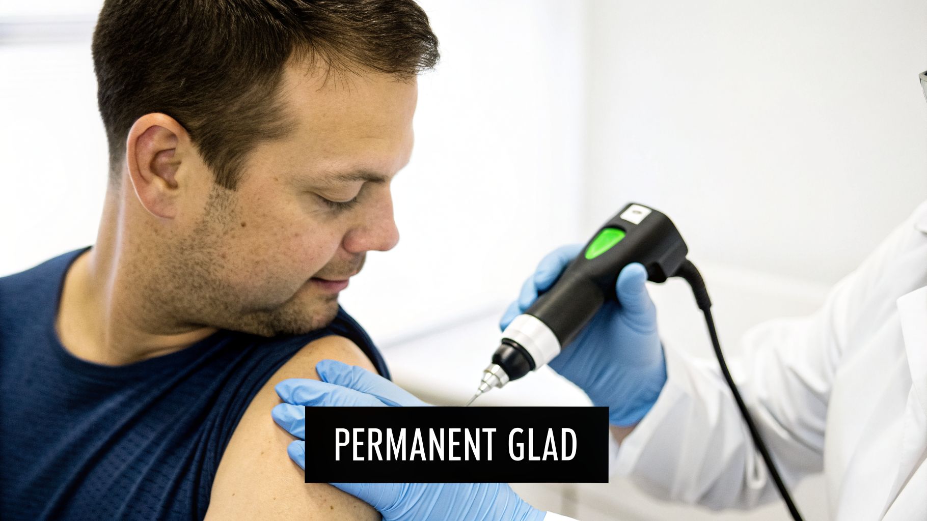 Man ontvangt een medische behandeling op zijn schouder, mogelijk laserontharing, om permanent gladde huid te krijgen.