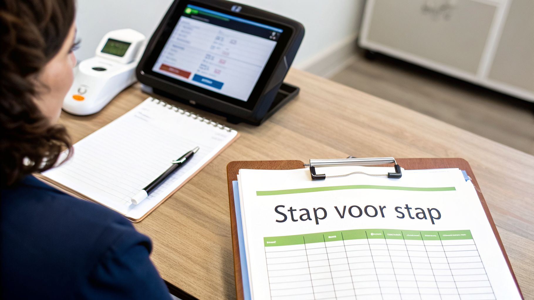Vrouw aan bureau met medisch apparaat, tablet en een 'Stap voor stap' checklist.
