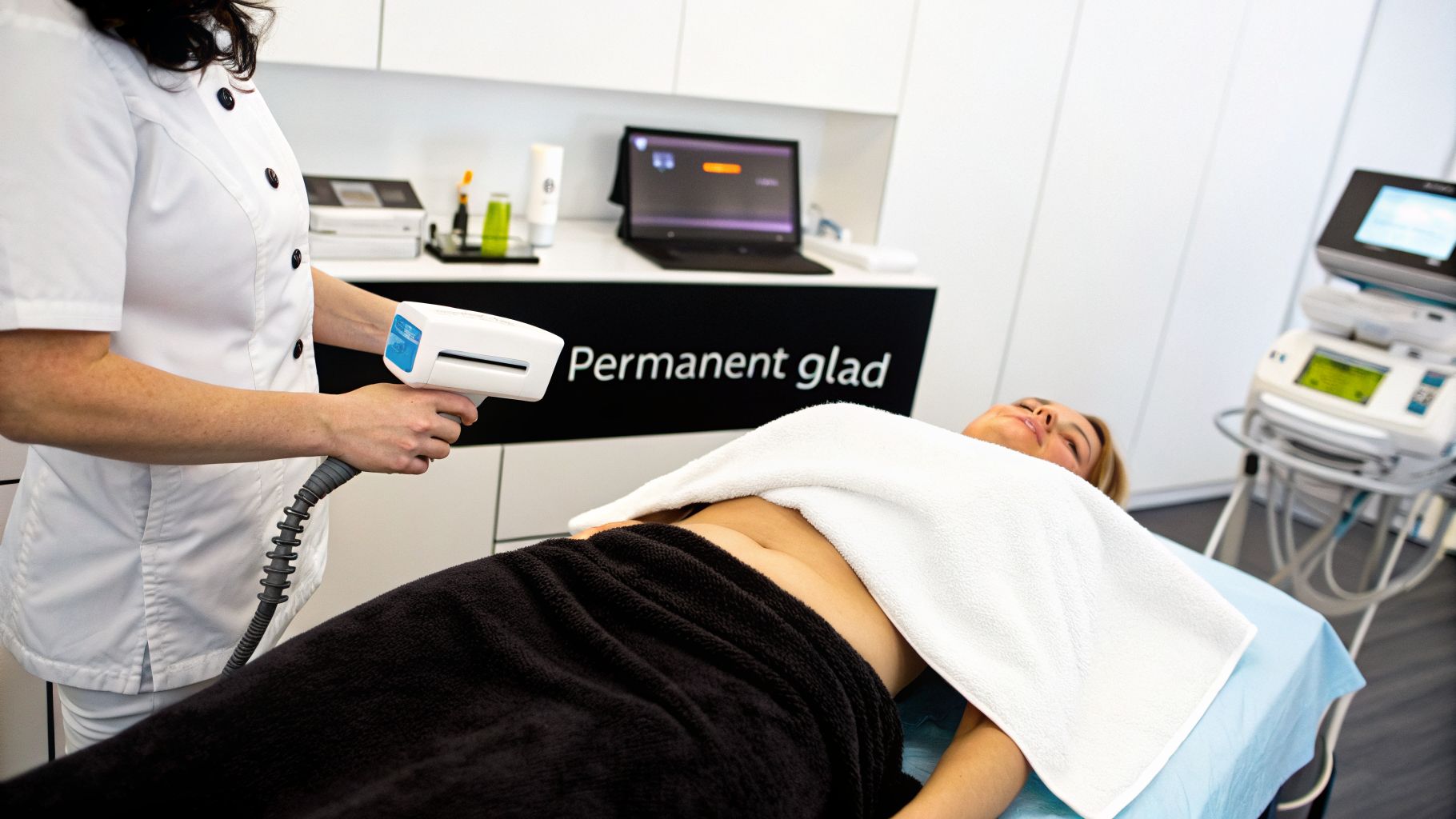 Een professional voert een laserbehandeling uit op de buik van een cliënt in een moderne kliniek.