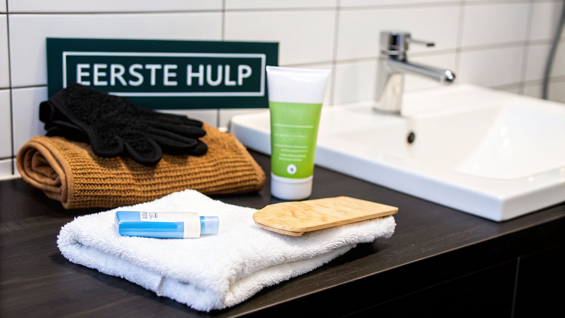 Set badkamerbenodigdheden voor huidverzorging, inclusief scrubhandschoenen, lotions en schone handdoeken.