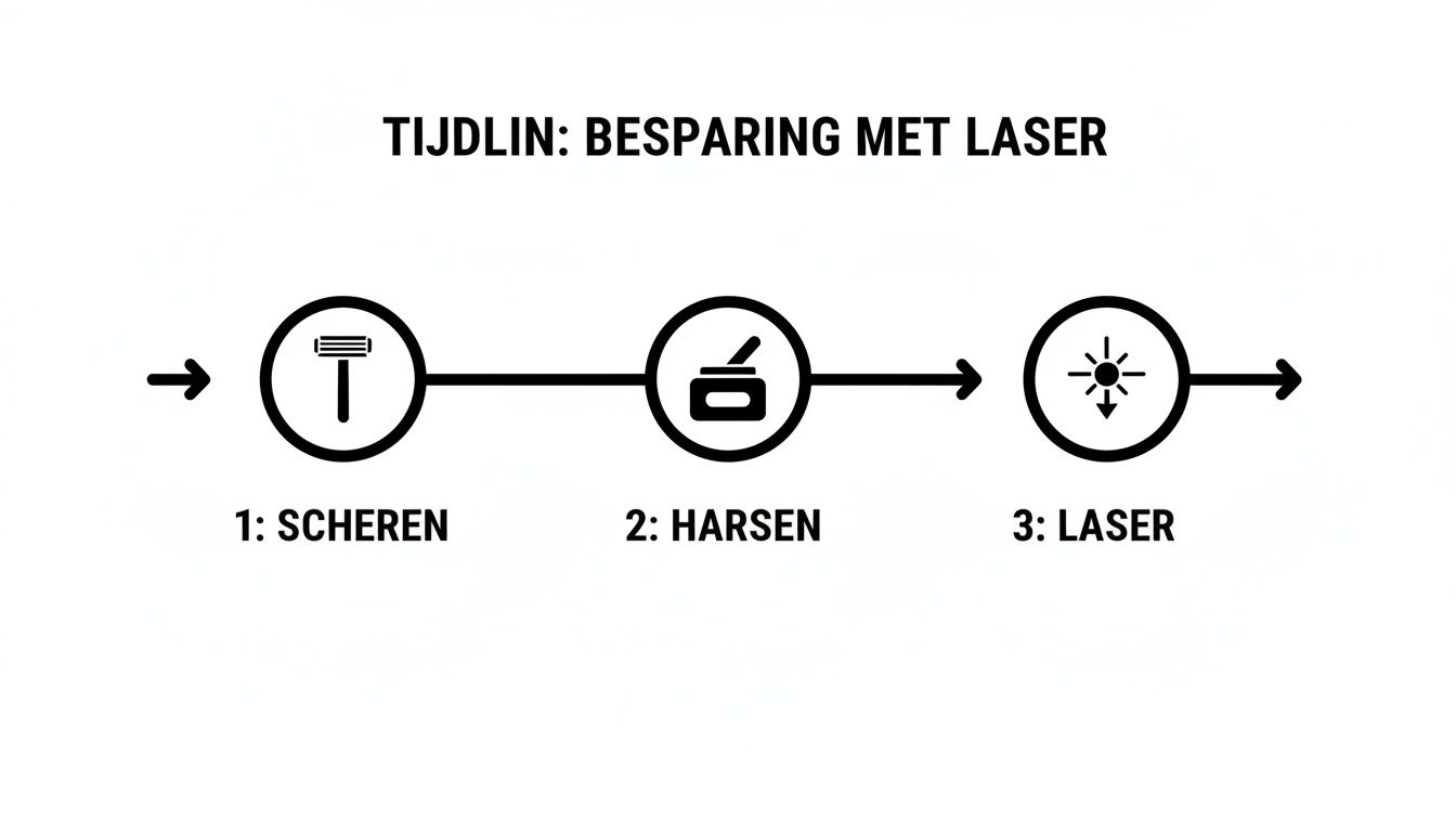 Tijdlijn die de evolutie van ontharing toont: scheren, harsen en laserontharing, met focus op besparing.