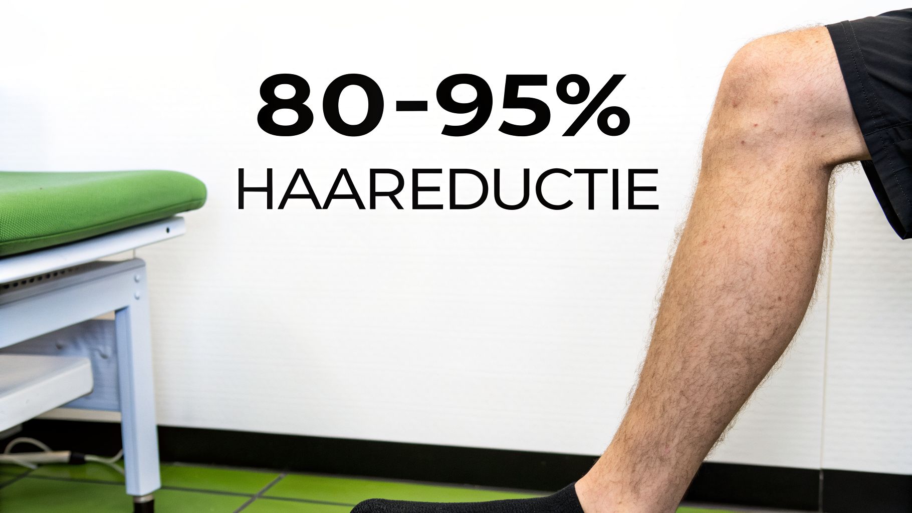 Een man met een harig been en de tekst '80-95% HAAREDUCTIE' over ontharing.