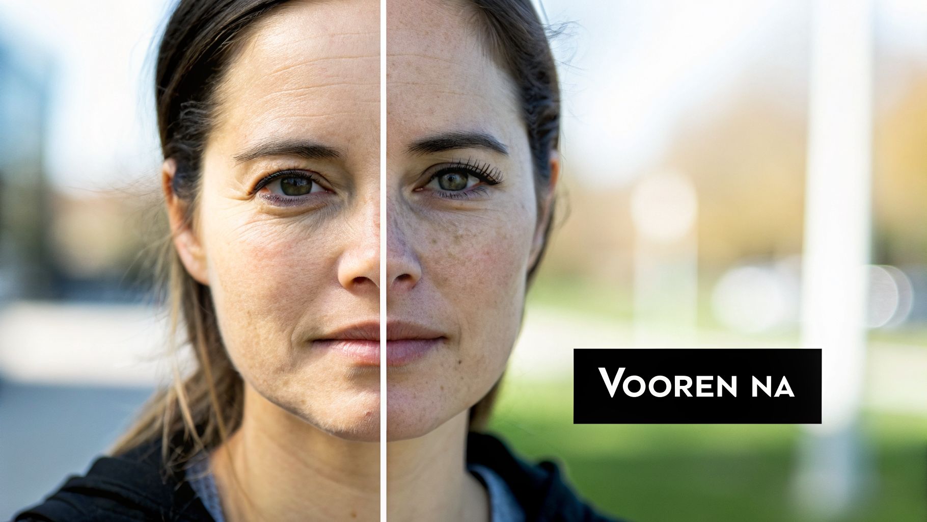 Vrouwen gezicht voor en na microneedling behandeling, toont vermindering van rimpels en pigmentatie.