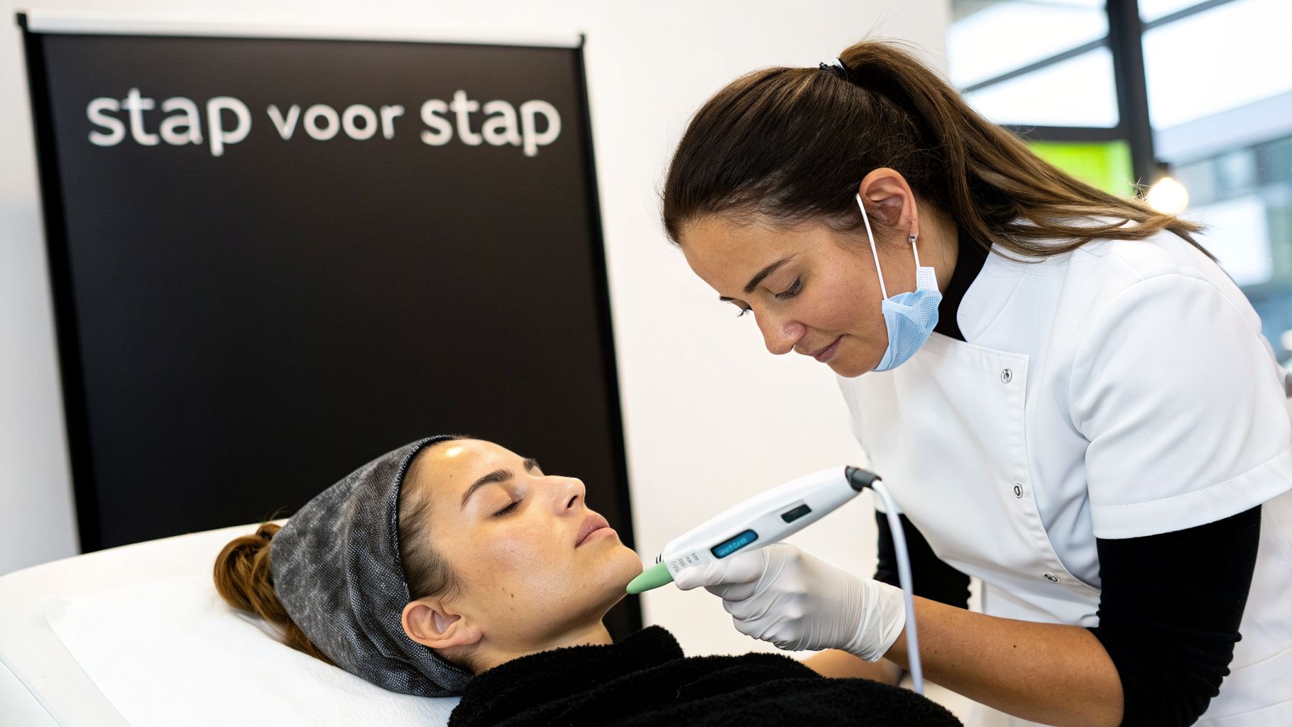 Een schoonheidsspecialiste voert een gezichtsbehandeling uit op een liggende cliënt met een microneedling-apparaat.
