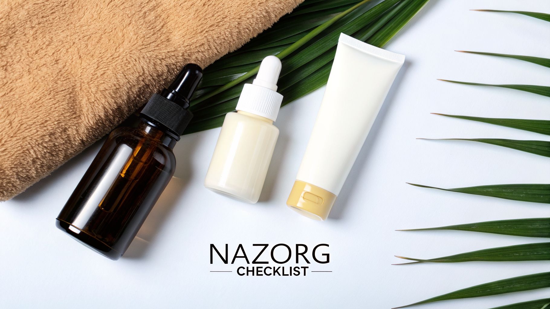 Producten voor huidverzorging, waaronder serums en crème, liggen op een witte ondergrond met een handdoek en palmbladeren.