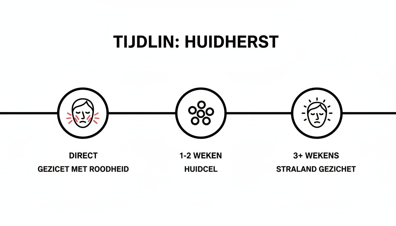 Tijdlijn van huidherstel na behandeling, met fasen van directe roodheid, celvernieuwing na 1-2 weken en een stralend gezicht na 3+ weken.