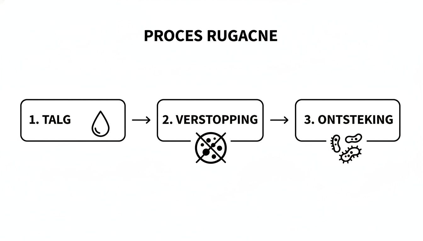 Een flowchart die het proces van rugacne uitlegt, beginnend met talg, leidend tot verstopping en eindigend in ontsteking.