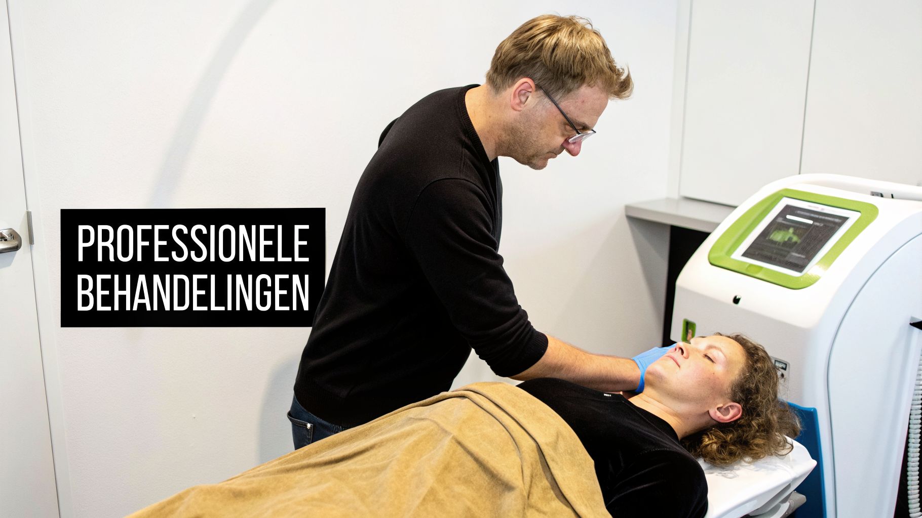 Een professional behandelt een patiënte met een medisch apparaat. De tekst zegt 'Professionele Behandelingen'.