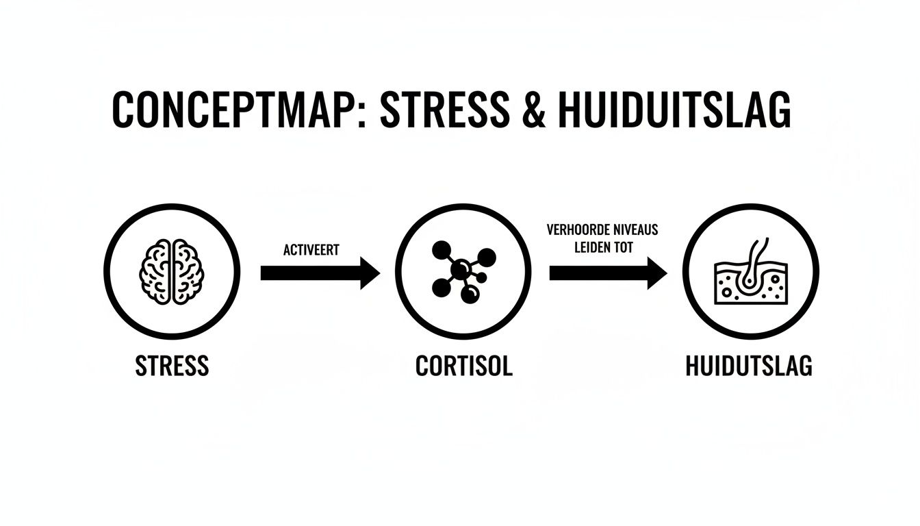 Een conceptmap in het Nederlands die de relatie tussen stress, cortisol en huiduitslag weergeeft.