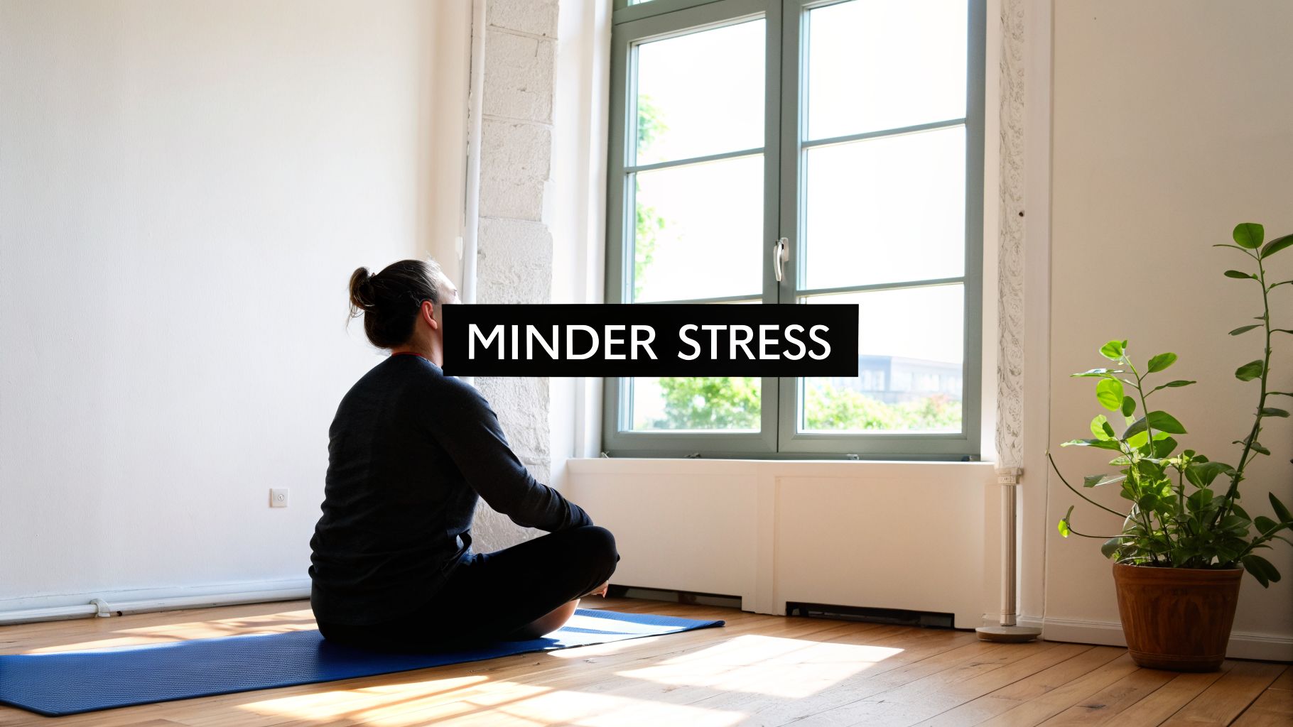 Een persoon mediteert op een yogamat bij een raam om stress te verminderen.
