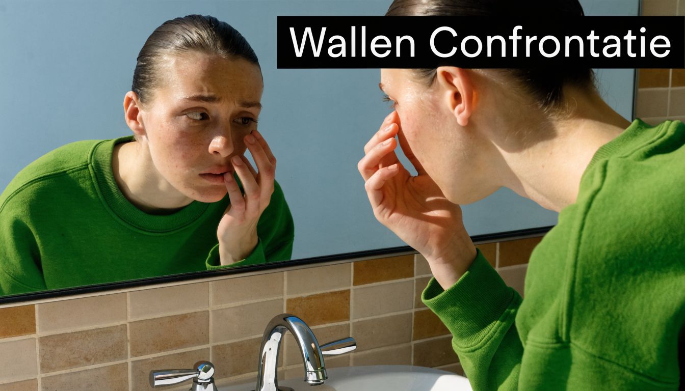 Een jonge vrouw kijkt bezorgd in de spiegel en bekijkt haar wallen onder haar ogen.