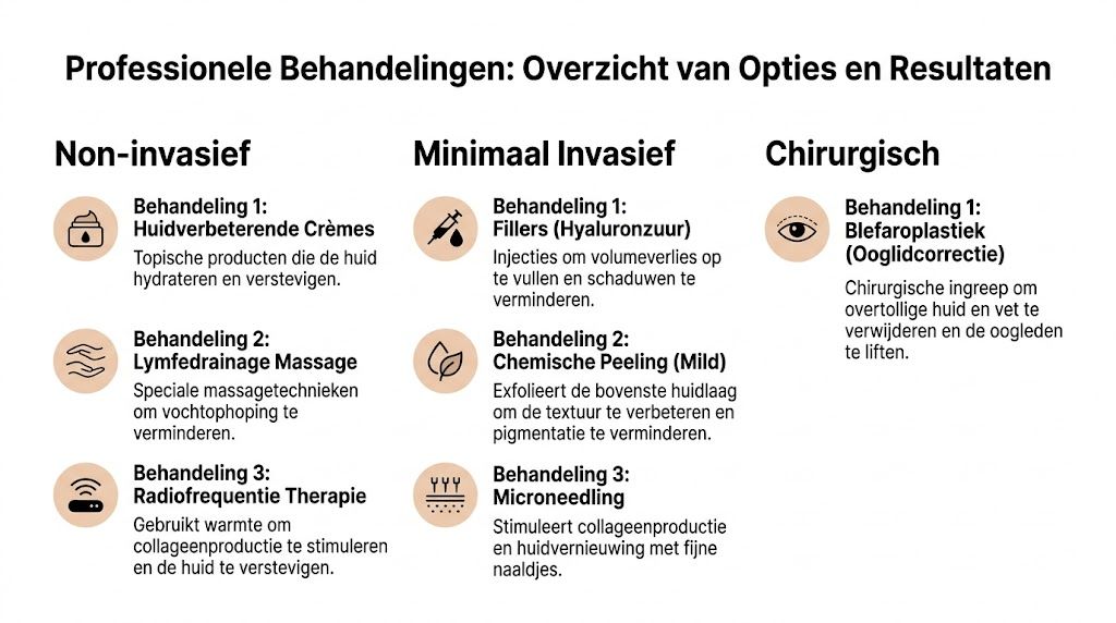Overzichtstabel met professionele non-invasieve, minimaal invasieve en chirurgische behandelingsopties voor huidverjonging en wallen onder ogen.