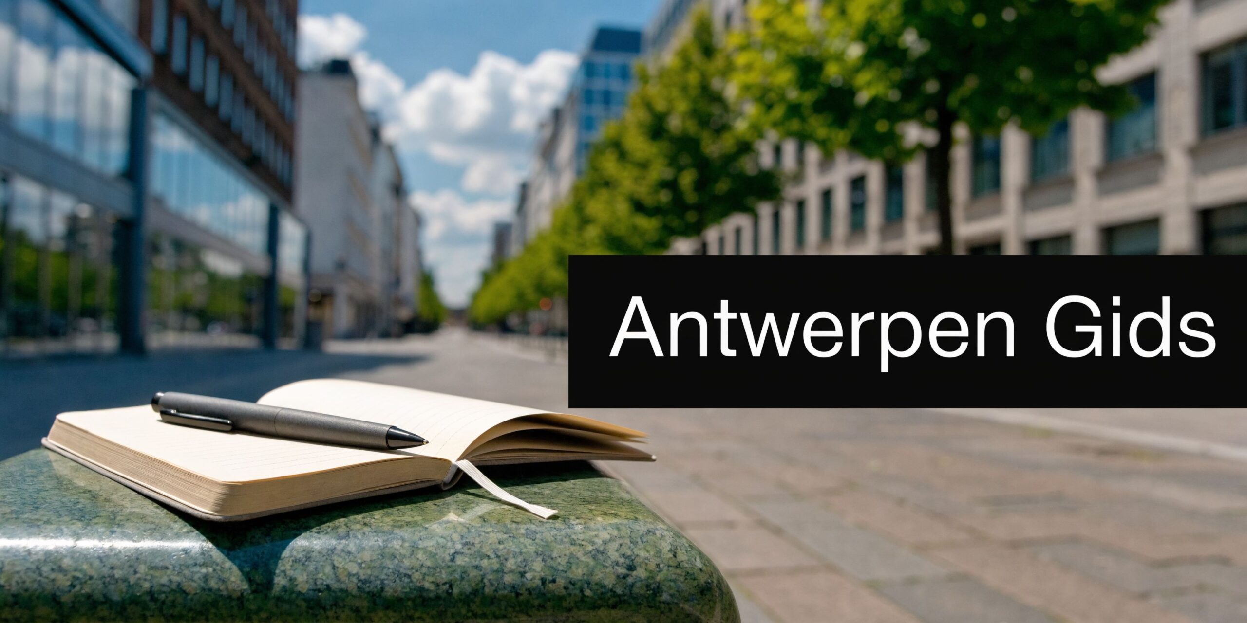 Een open notitieboek met een pen op een stenen sokkel in een Antwerpse straat op een zonnige dag.
