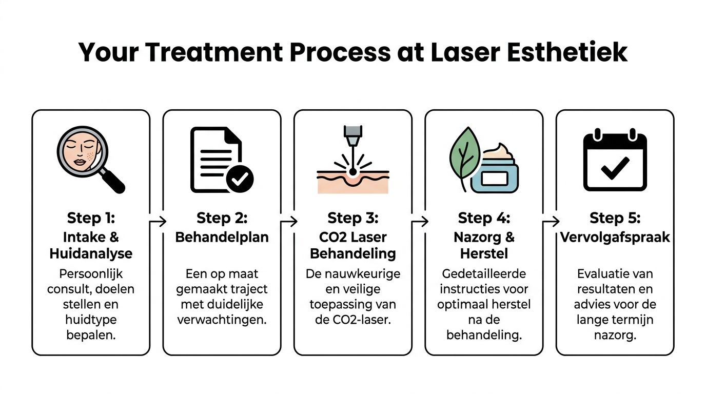 Stappenplan voor een CO2 laser gezichtsbehandeling bij Laser Esthetiek, van intake tot vervolgafspraak en huidherstel.