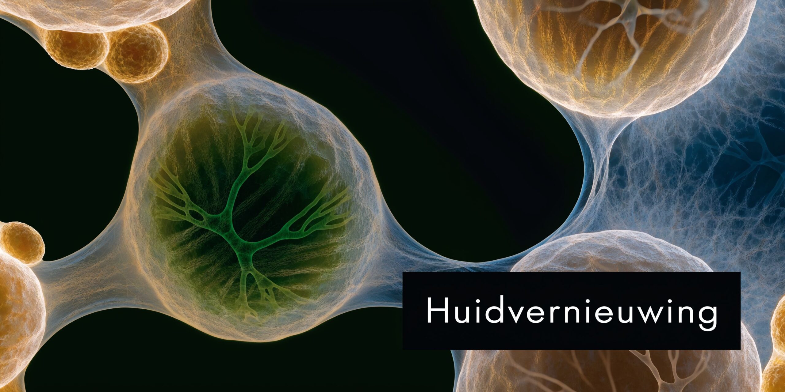 Een abstracte visualisatie van huidvernieuwing met organische celstructuren en verbonden netwerken in een medische of biologische context.