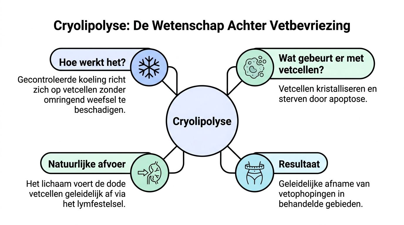 Een infografiek die uitlegt hoe cryolipolyse werkt voor vetbevriezing, vetcelapoptose en de natuurlijke afvoer van vetcellen.