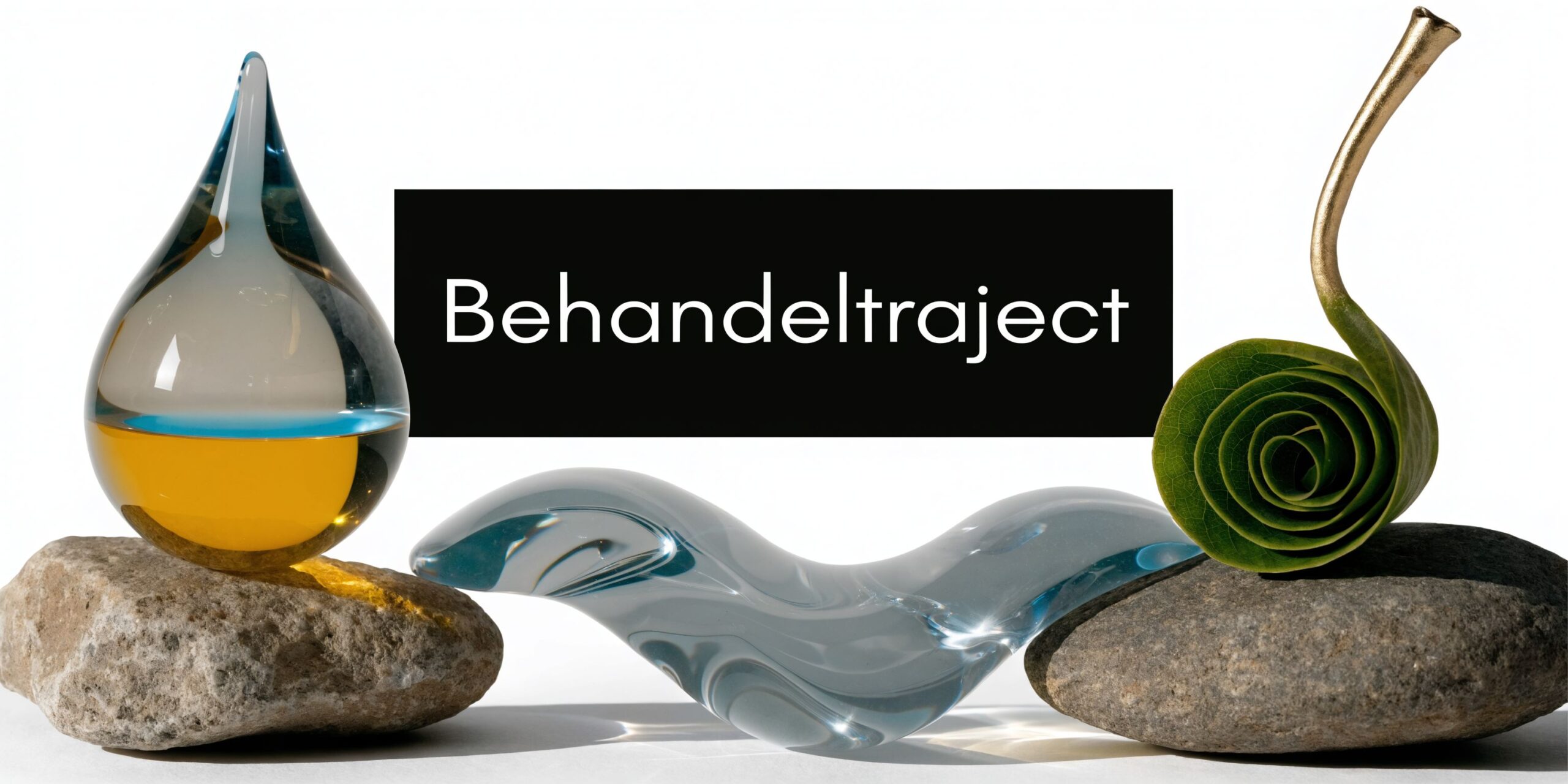 Een abstracte compositie met stenen, glas en een blad voor een behandelingsconcept in de esthetische geneeskunde.