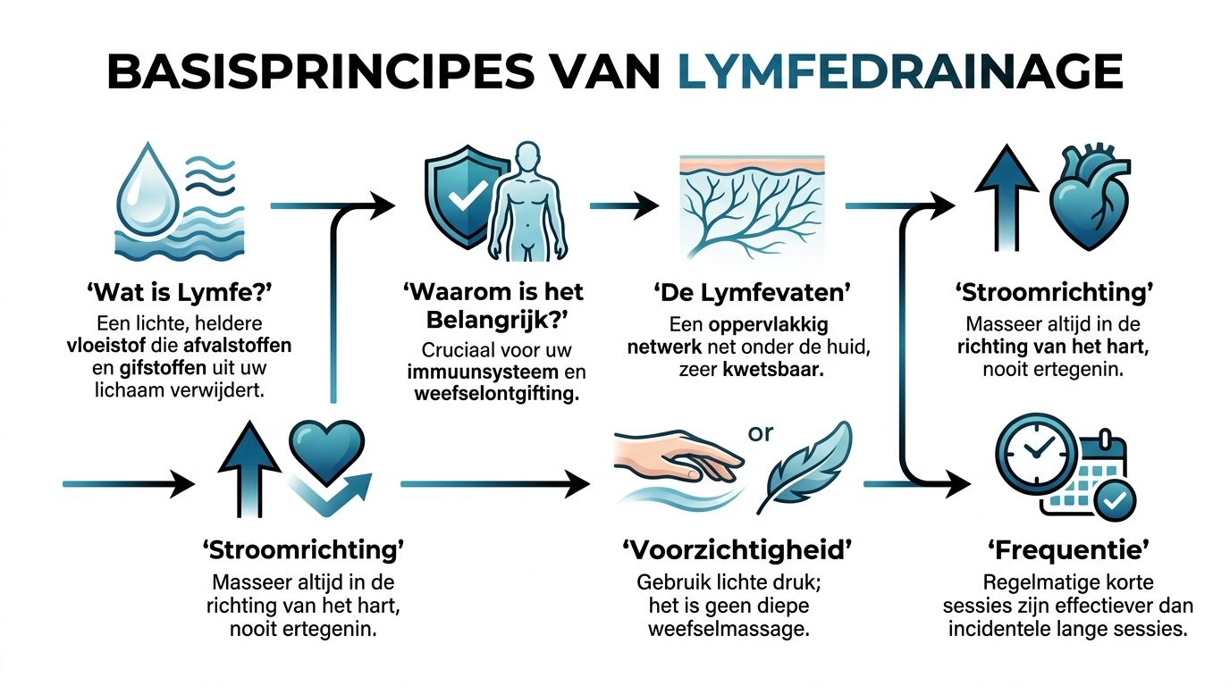 Een informatieve infographic over de basisprincipes en voordelen van manuele lymfedrainage voor het lichaam.