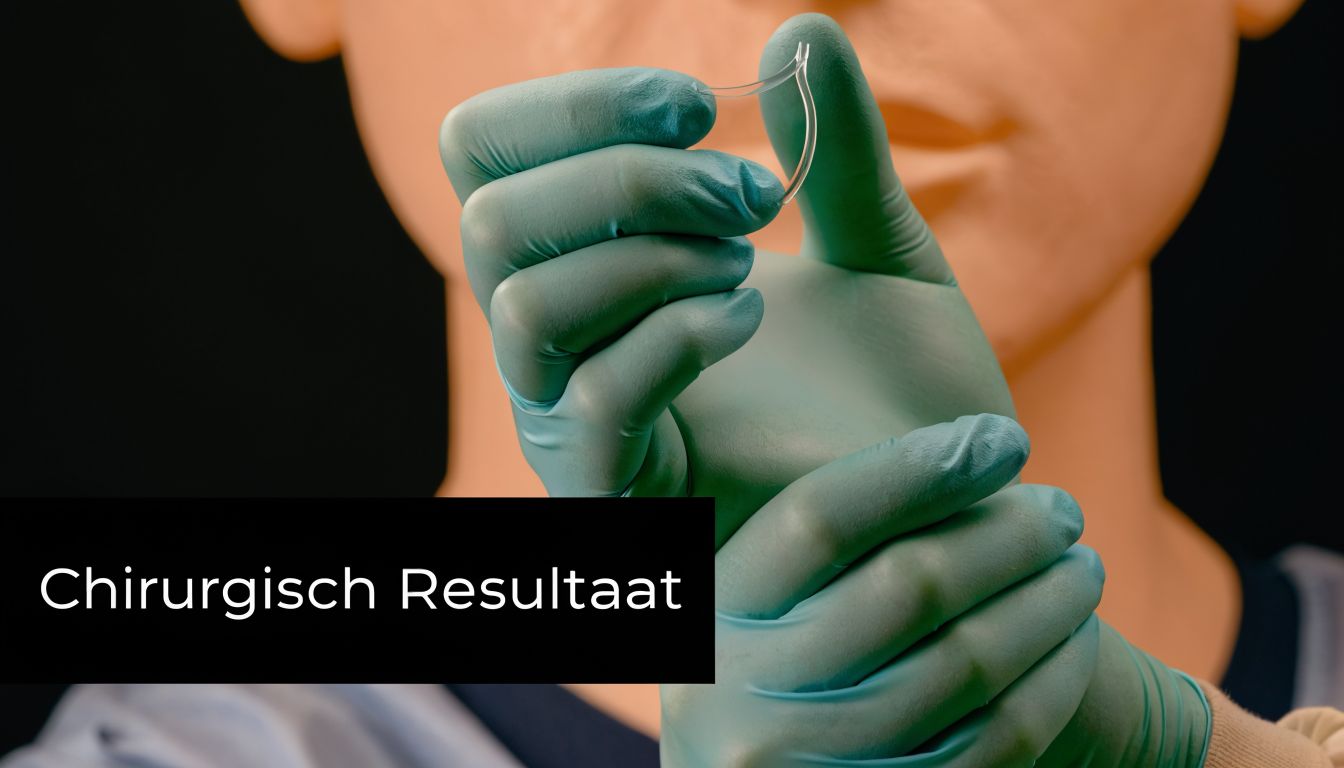 Een medisch professional met groene handschoenen houdt een klein implantaat vast voor een kinoperatie, met tekst overlay.