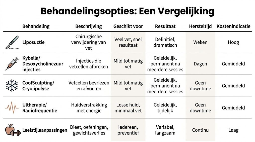 Een vergelijkingstabel van verschillende behandelingsopties voor het verminderen van een dubbele kin met hun specifieke eigenschappen.