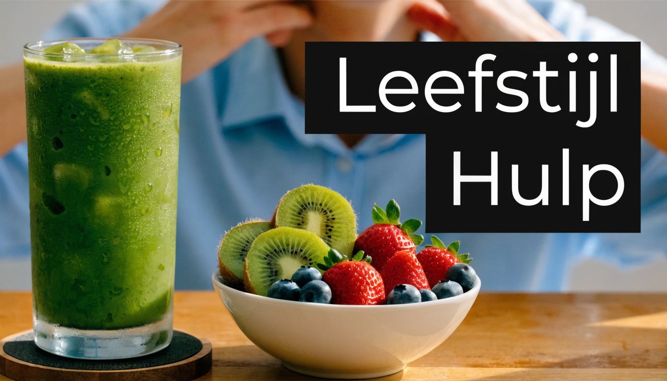 Een glas groene smoothie naast een kom met verse kiwi's, aardbeien en blauwe bessen op tafel.