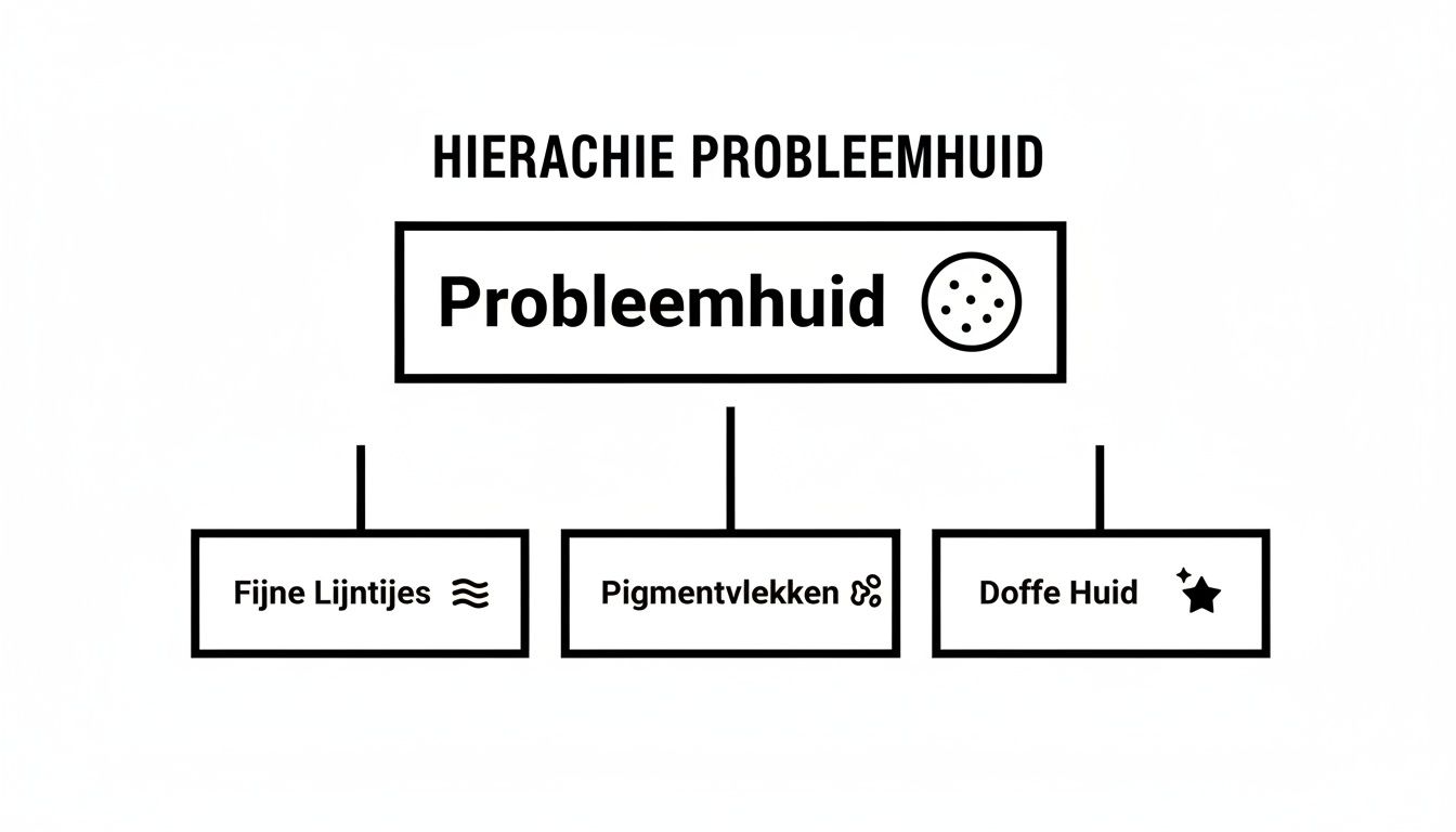 Een hiërarchische weergave van probleemhuid, met subcategorieën zoals fijne lijntjes, pigmentvlekken en doffe huid.