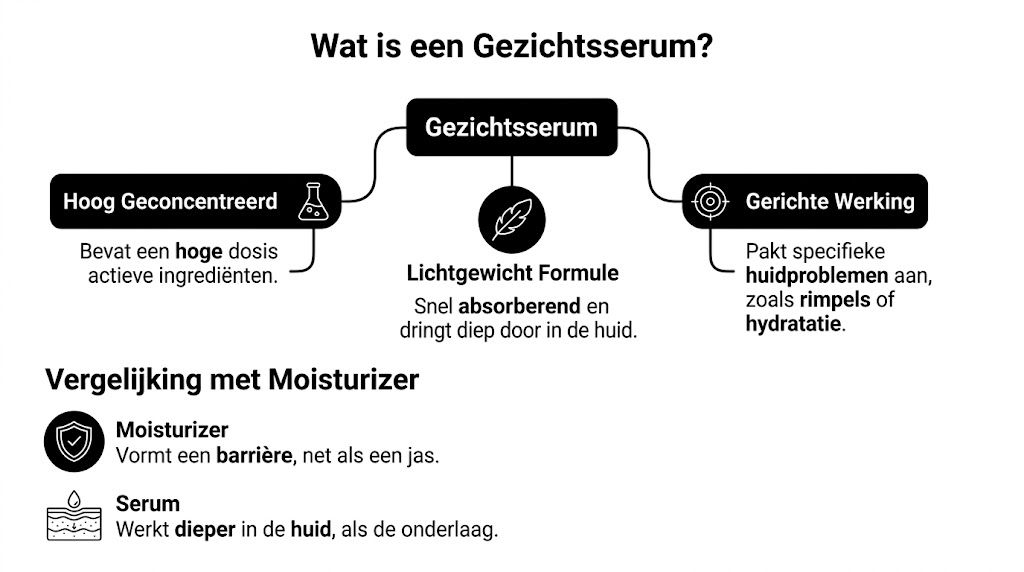 Een informatieve infographic in het Nederlands die uitlegt wat een gezichtsserum is en hoe het verschilt van een moisturizer.