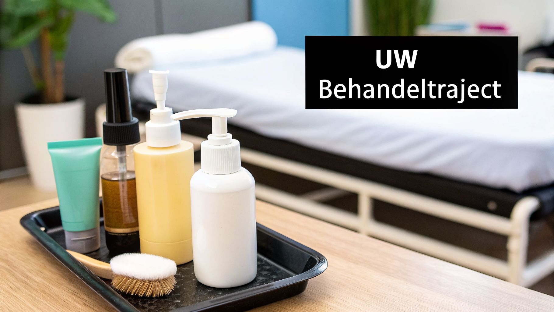 Producten voor gezichtsbehandeling op een dienblad met een behandeltafel op de achtergrond. Tekst: UW Behandeltraject.