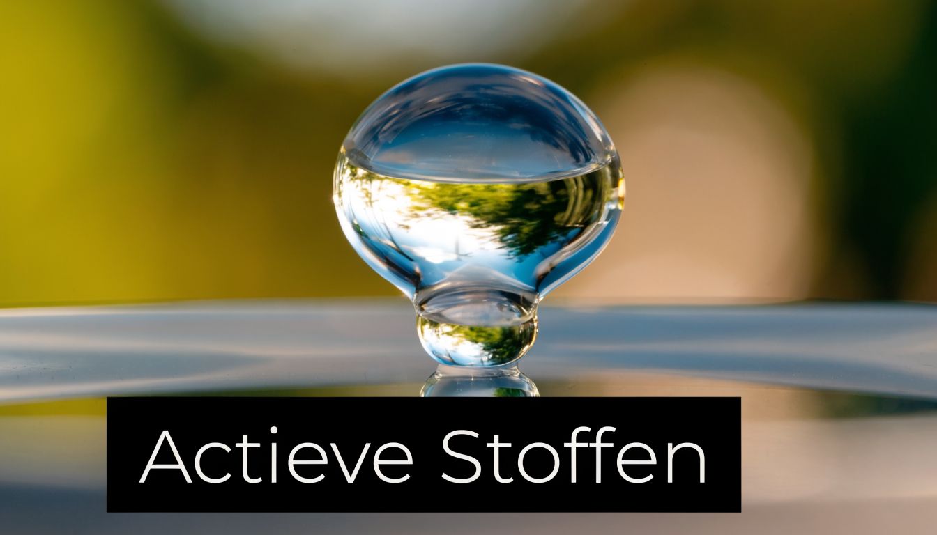 Een glazen bol op een reflecterend oppervlak met de tekst Actieve Stoffen tegen een vage achtergrond.