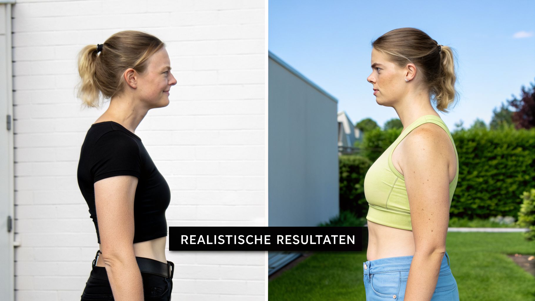 Foto van een vrouw voor en na houdingscorrectie, met duidelijke verbetering in postuur en welzijn.