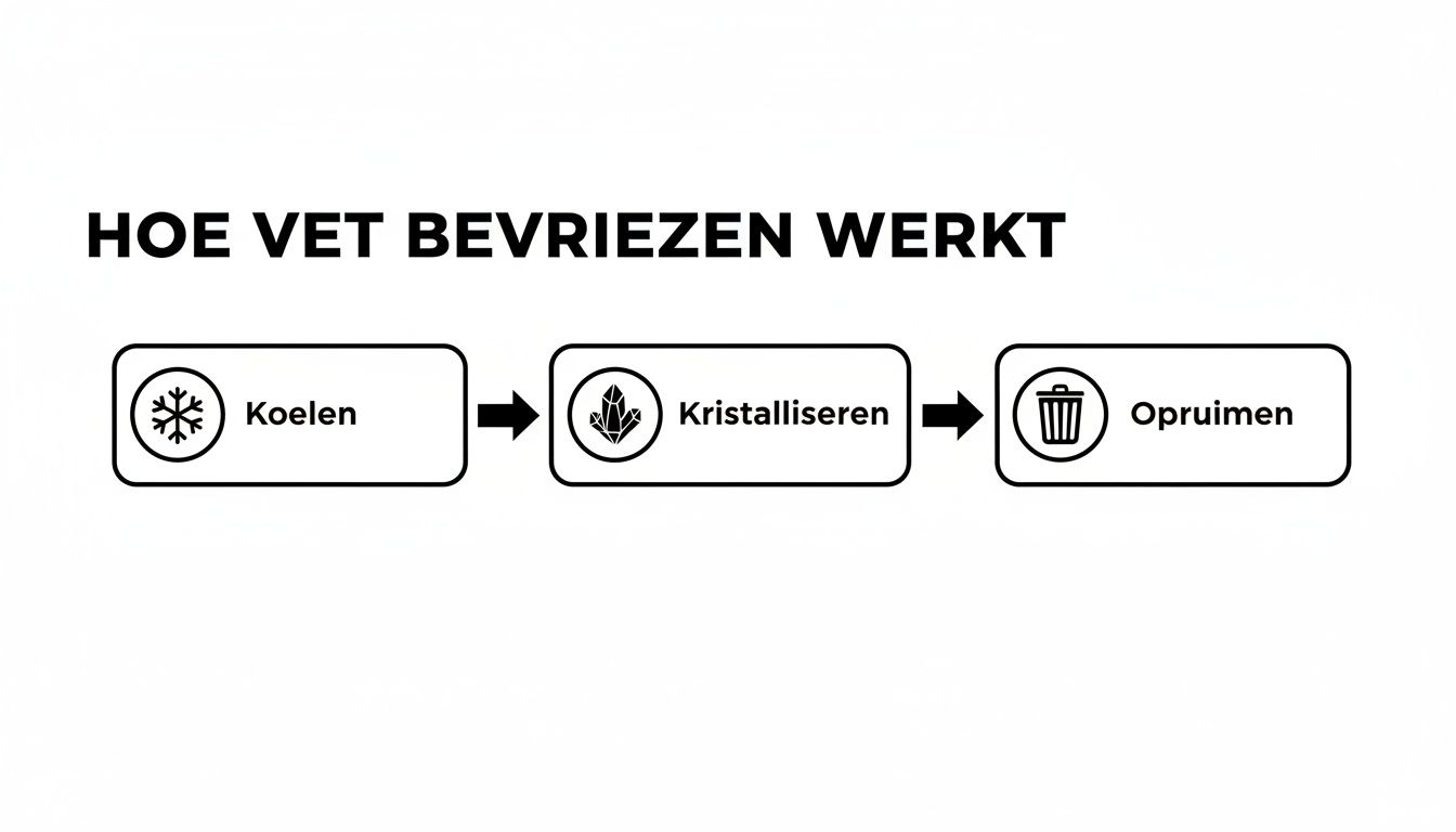 Een stroomdiagram dat de drie stappen van vetbevriezing uitlegt: koelen, kristalliseren en opruimen.