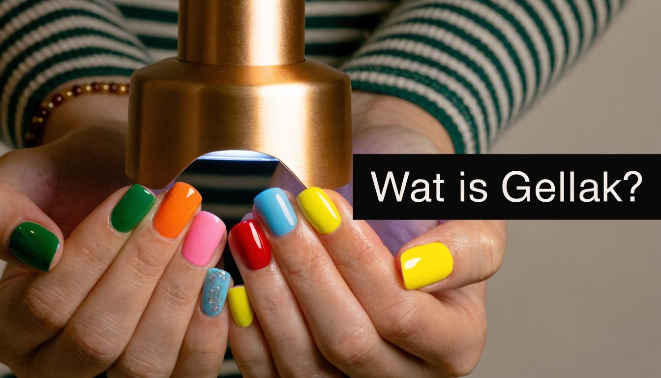 Persoon met kleurrijke gelnagels die worden uitgehard onder een professionele UV-lamp voor een langdurig resultaat.