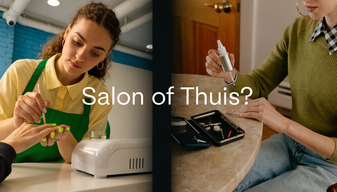 Een vergelijking tussen een professionele nagelstyliste in een salon en iemand die thuis nagels verzorgt.