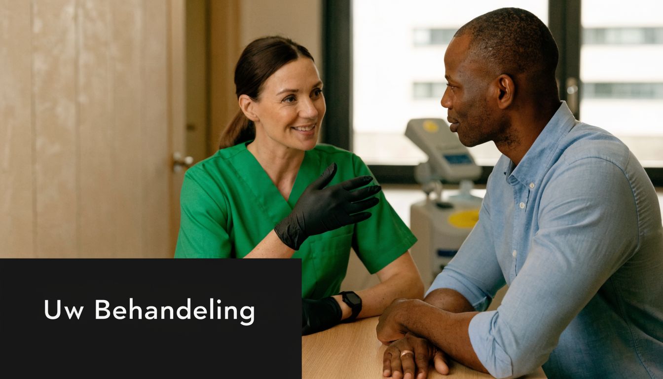 Een vrouwelijke zorgverlener in groene kleding overlegt met een mannelijke patiënt over een medische behandeling.