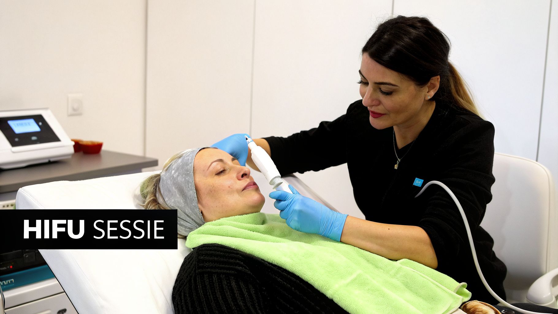 Vrouw krijgt een HIFU gezichtsbehandeling van een professionele schoonheidsspecialiste in een kliniek.