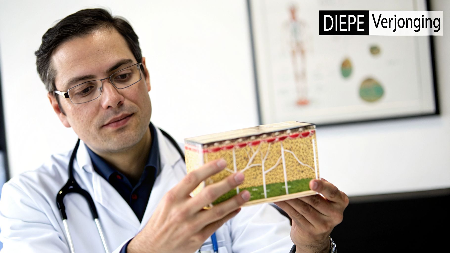 Een mannelijke arts met bril en stethoscoop bestudeert een 3D-model van huidlagen, mogelijk gerelateerd aan verjonging.