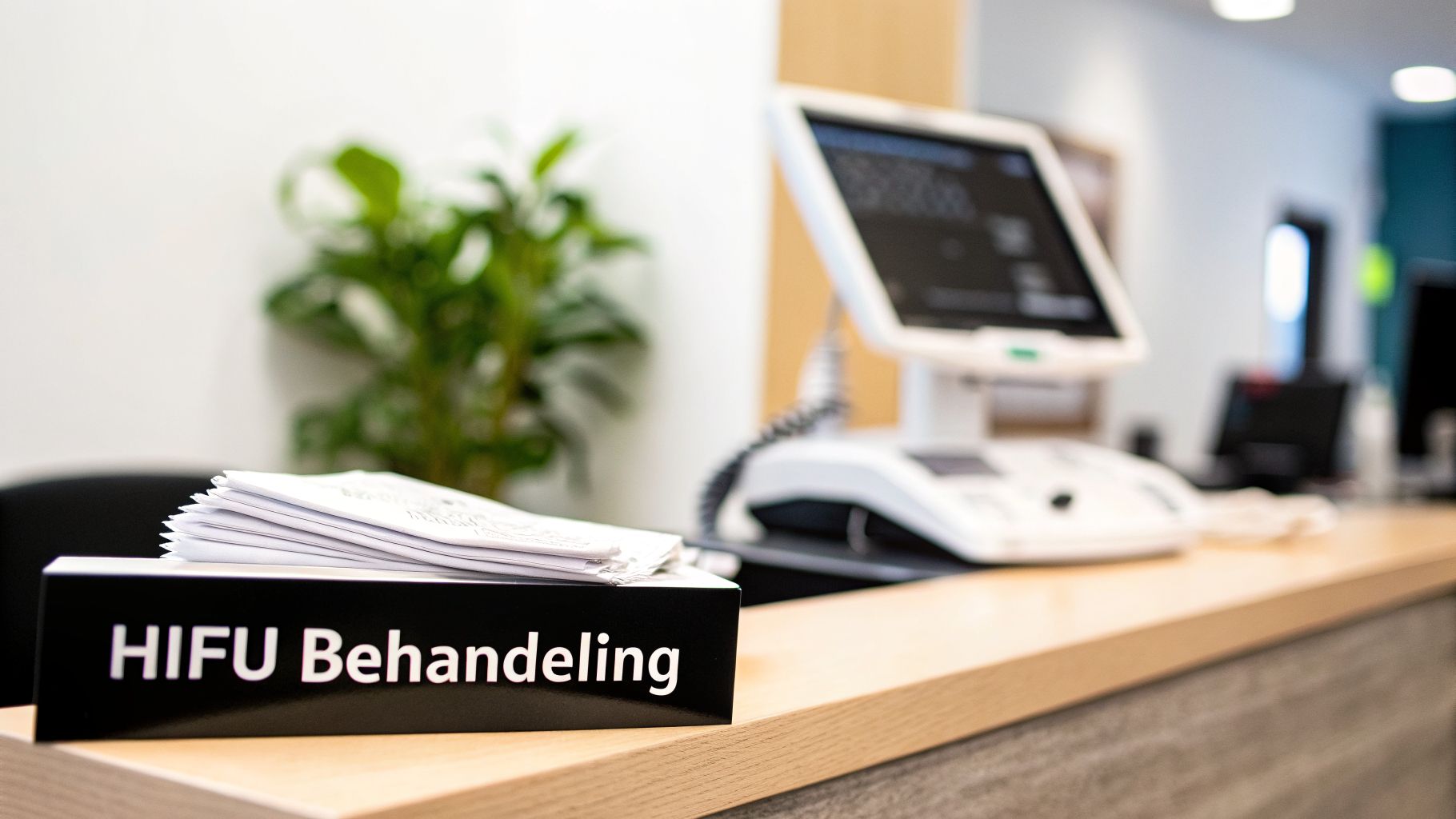 Balie met 'HIFU Behandeling' bord, stapel papieren, computerscherm en plant op de achtergrond.