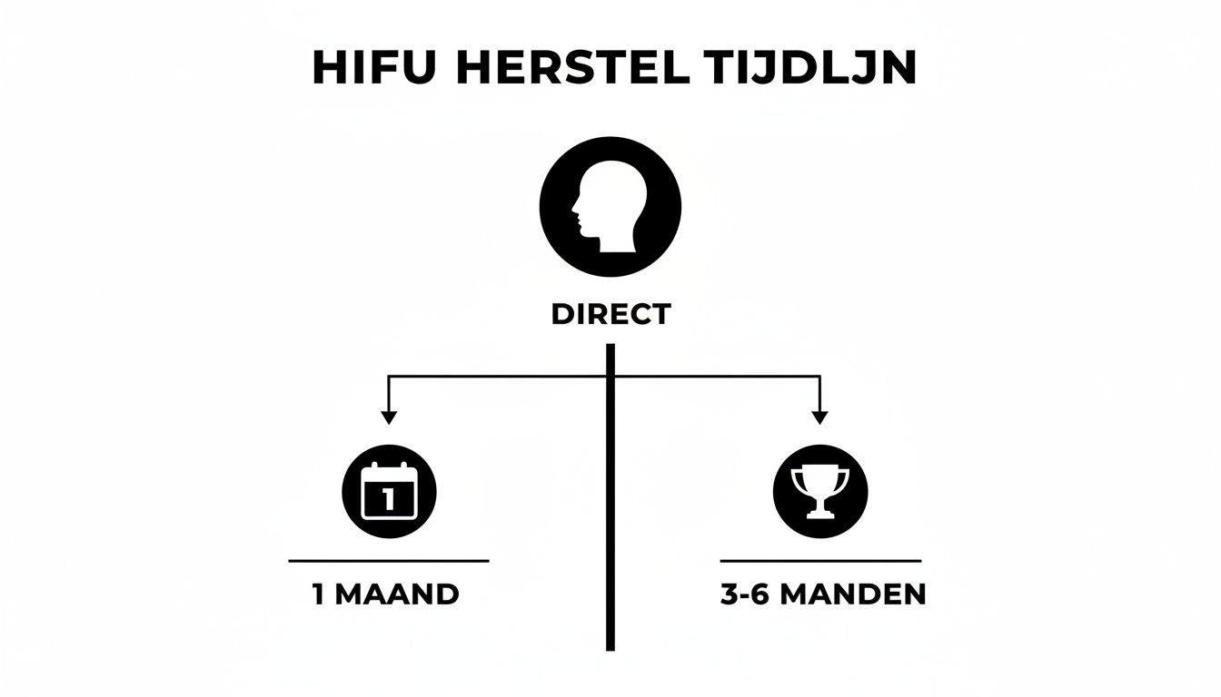HIFU herstel tijdlijn infographic: directe resultaten, zichtbaar na 1 maand en optimaal na 3-6 maanden.