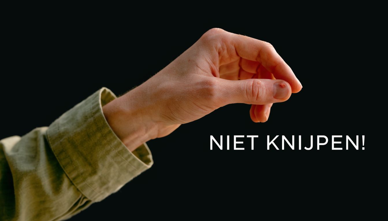 Een hand met een huidbultje op de vinger, met de waarschuwing niet aan de bult te knijpen.