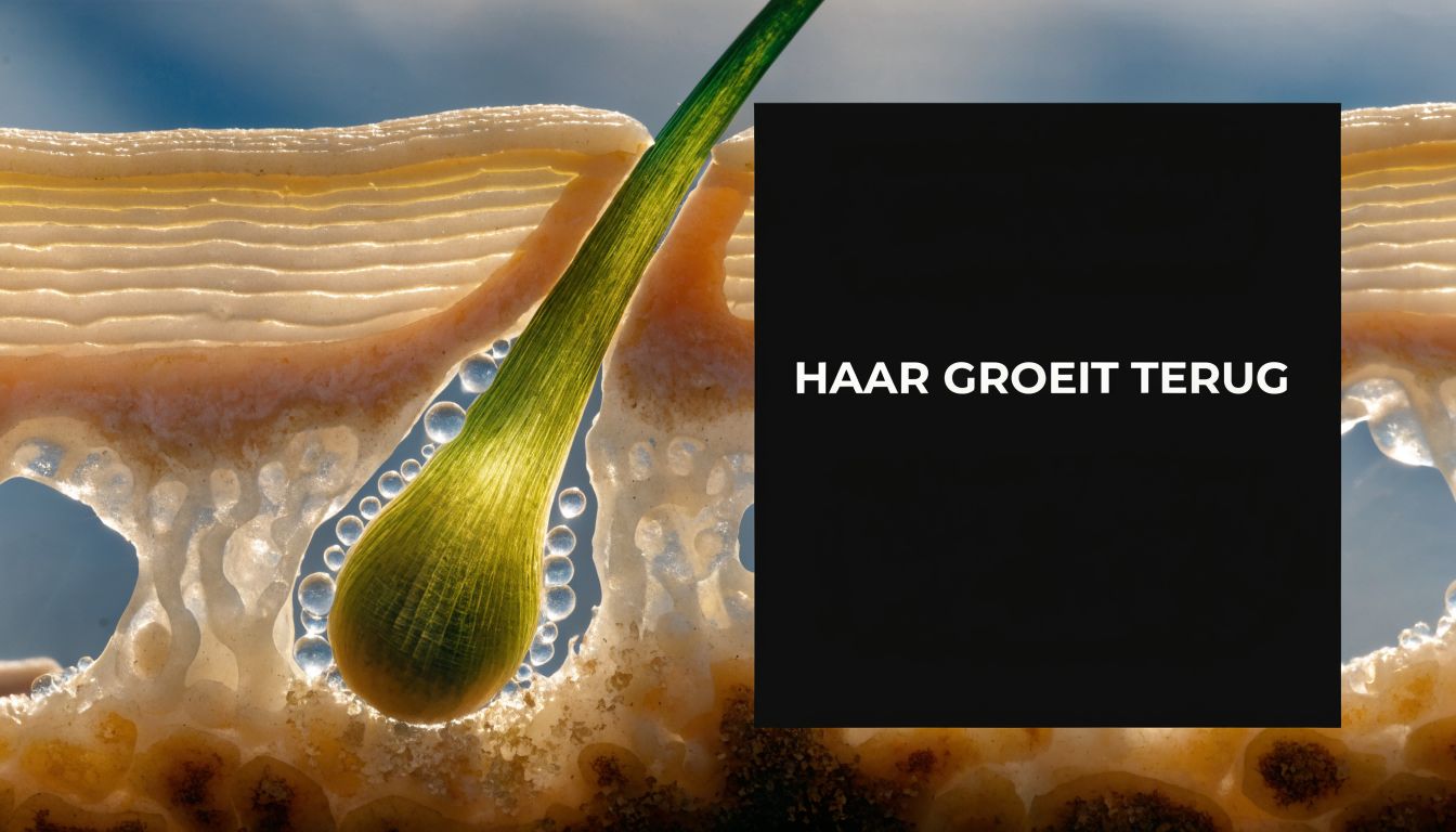 Een microscopische weergave van een haarzakje in de huid met de tekst 'haar groeit terug' ernaast.
