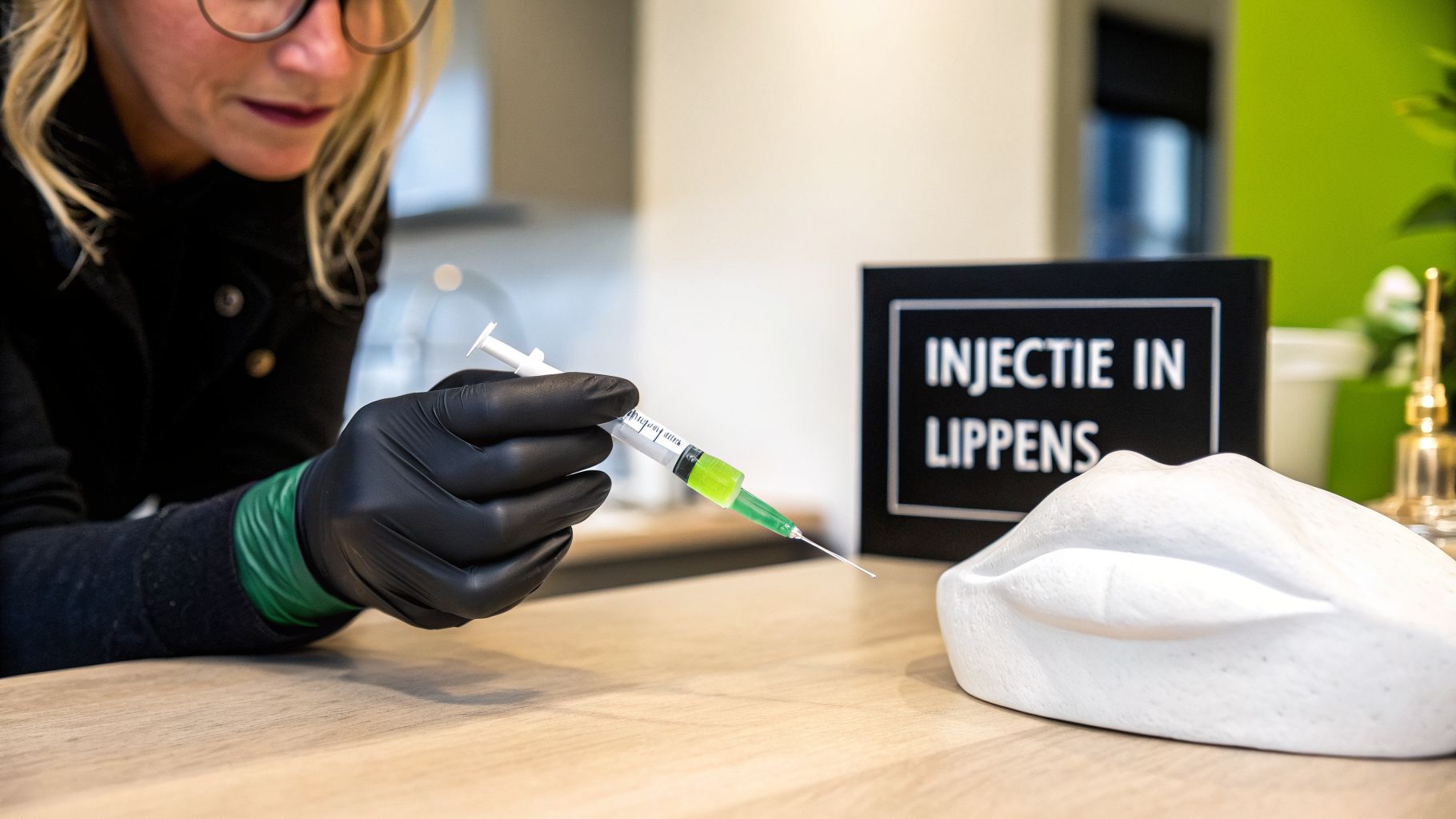 Een vrouw met zwarte handschoenen houdt een spuit met groene vloeistof vast, naast een bord voor lipinjecties en een lippenmodel.