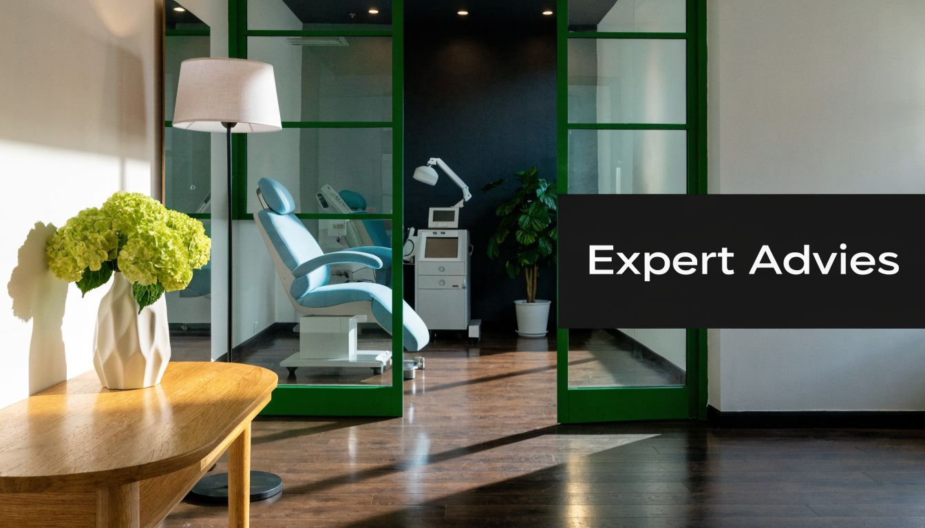 Een moderne esthetische kliniek met een behandelstoel en medische apparatuur zichtbaar door een glazen deur.