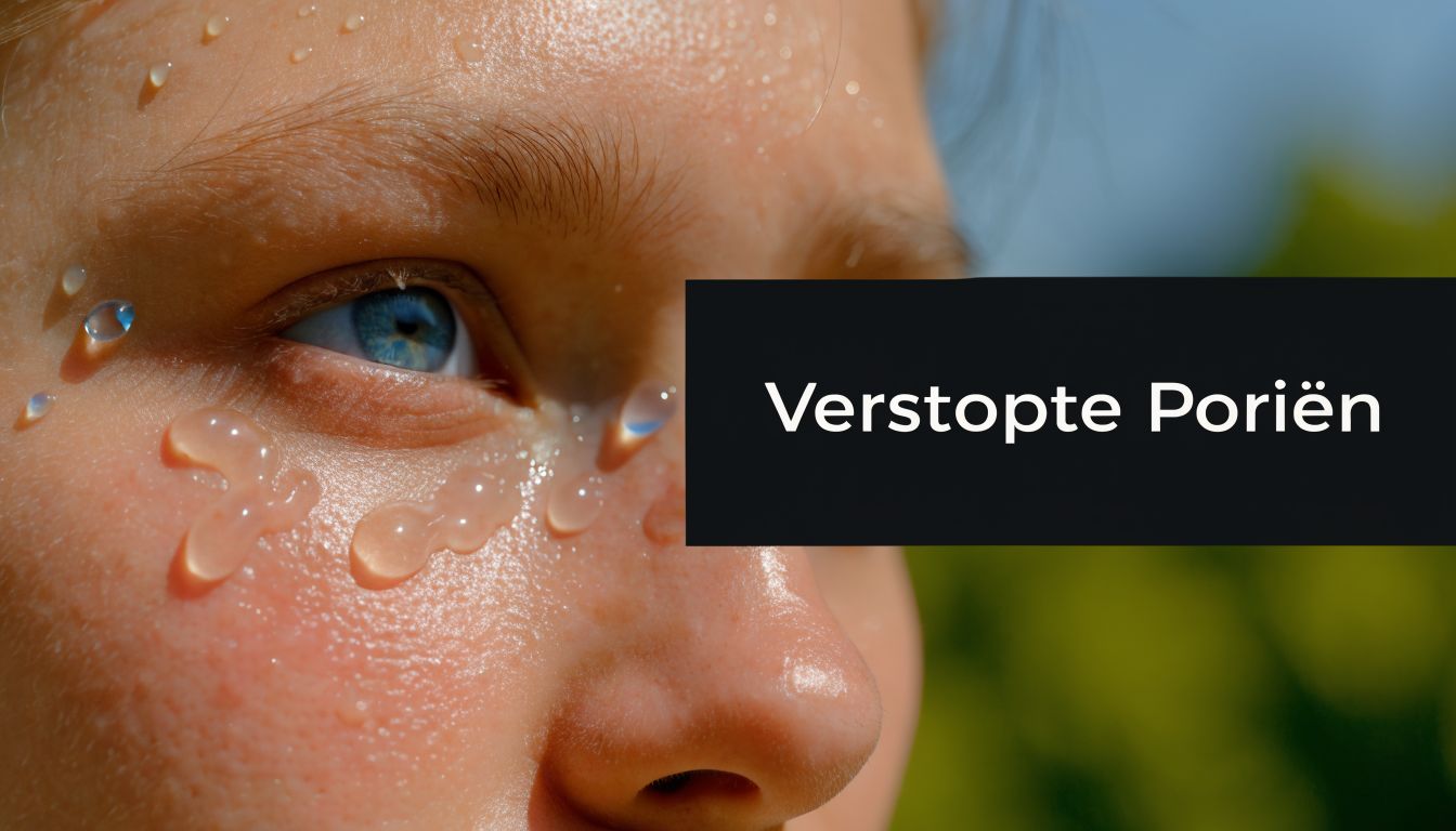 Een close-up van een gezicht met zichtbare poriën en waterdruppels op de huid voor huidverzorging advies.