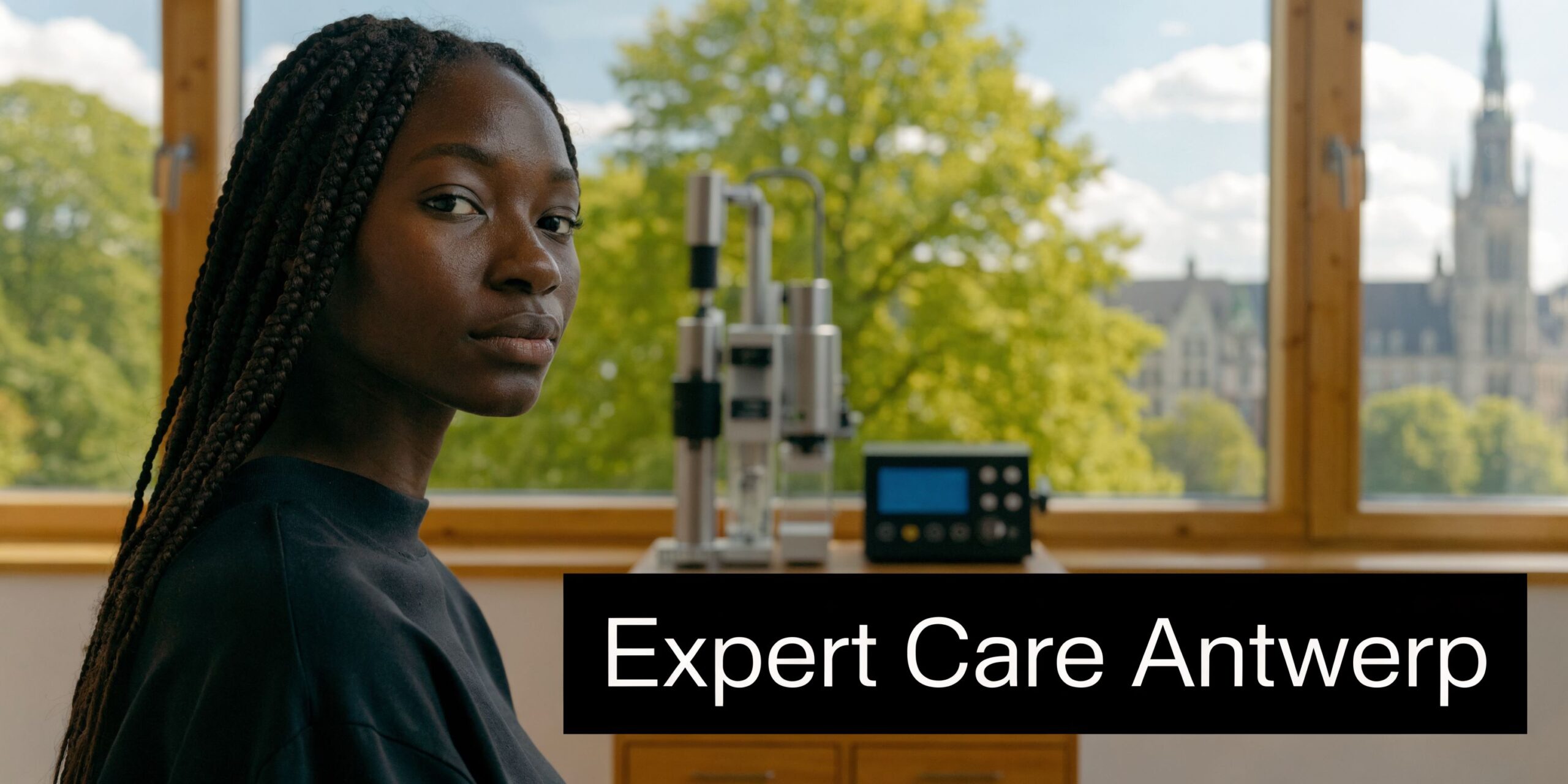 Een jonge vrouw met gevlochten haar kijkt serieus naar de camera naast medische laserapparatuur in Antwerpen.