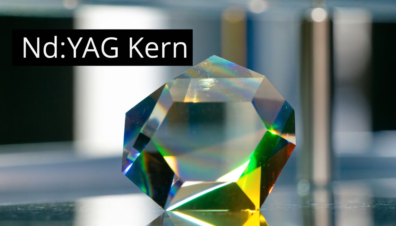 Een glinsterende Nd:YAG-laserkristal met veelzijdige vlakken die prachtig licht reflecteert in een laboratoriumomgeving.
