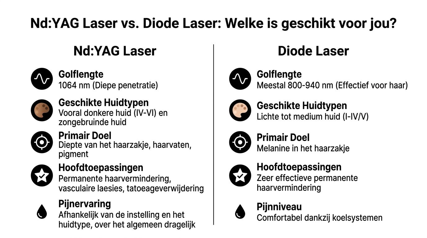 Vergelijkingstabel tussen Nd:YAG-laser en diodelaser voor haarverwijdering, huidtypen, golflengtes en pijnsensatie in het Nederlands.